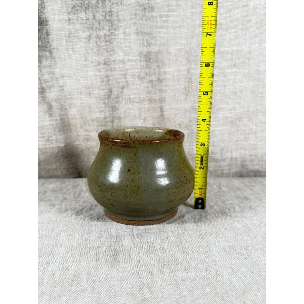 Studio Pottery Vessel Small Green Brown Vintage Good Signed Hand Thrown Ceramic